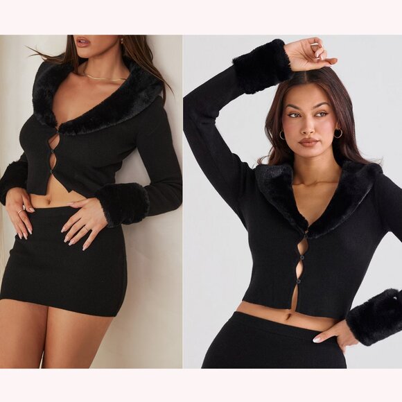 House of CB Blanche Black Faux Fur Trim Cropped Cardigan Medium New With Tags - Picture 3 of 17